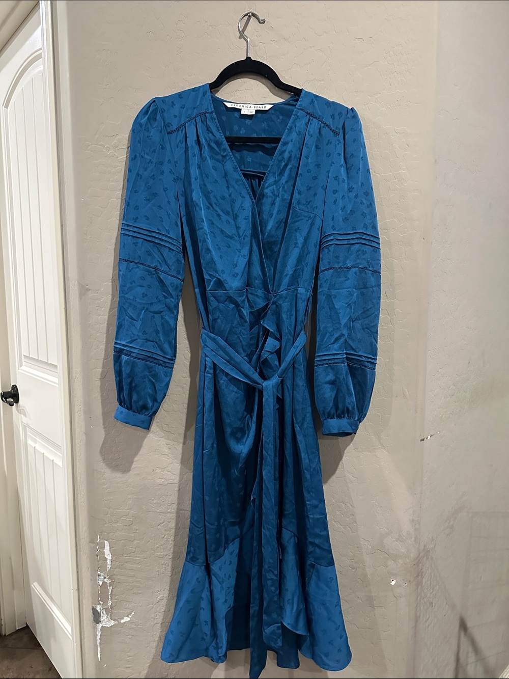 Veronica Beard Teal-Blue Long Sleeve Wrap Midi Dress